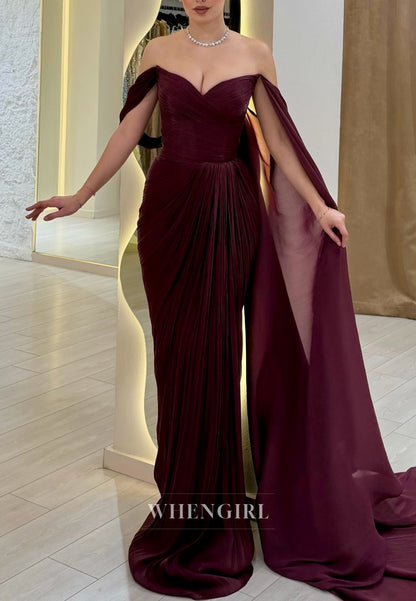 Burgundy Off Shoulder Ruched Sheath Formal Evening Gown