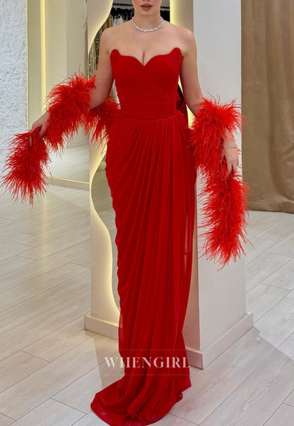 Red Chiffon Strapless Ruched Sheath Evening Gowm with Feather