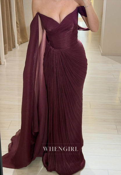 Burgundy Off Shoulder Ruched Sheath Formal Evening Gown