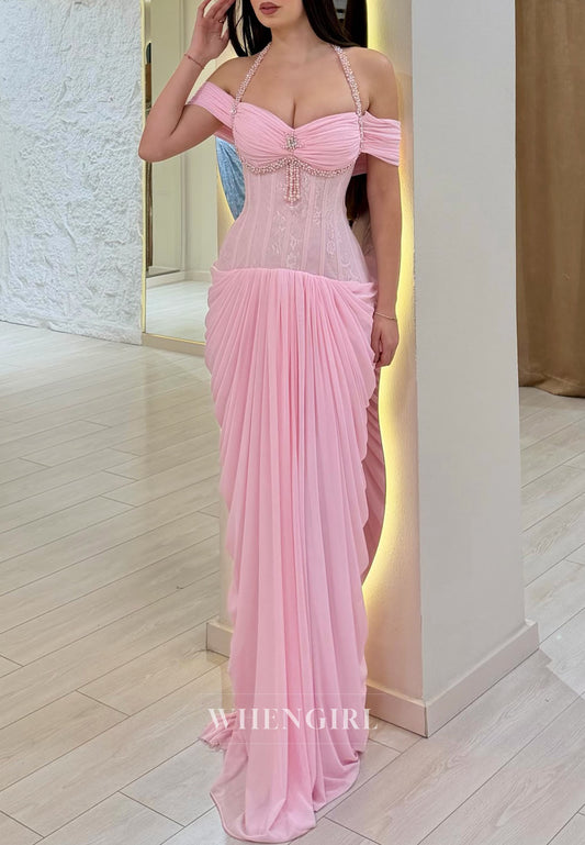 Pink Beaded Ruched Off Shoulder Sheath Formal Dress