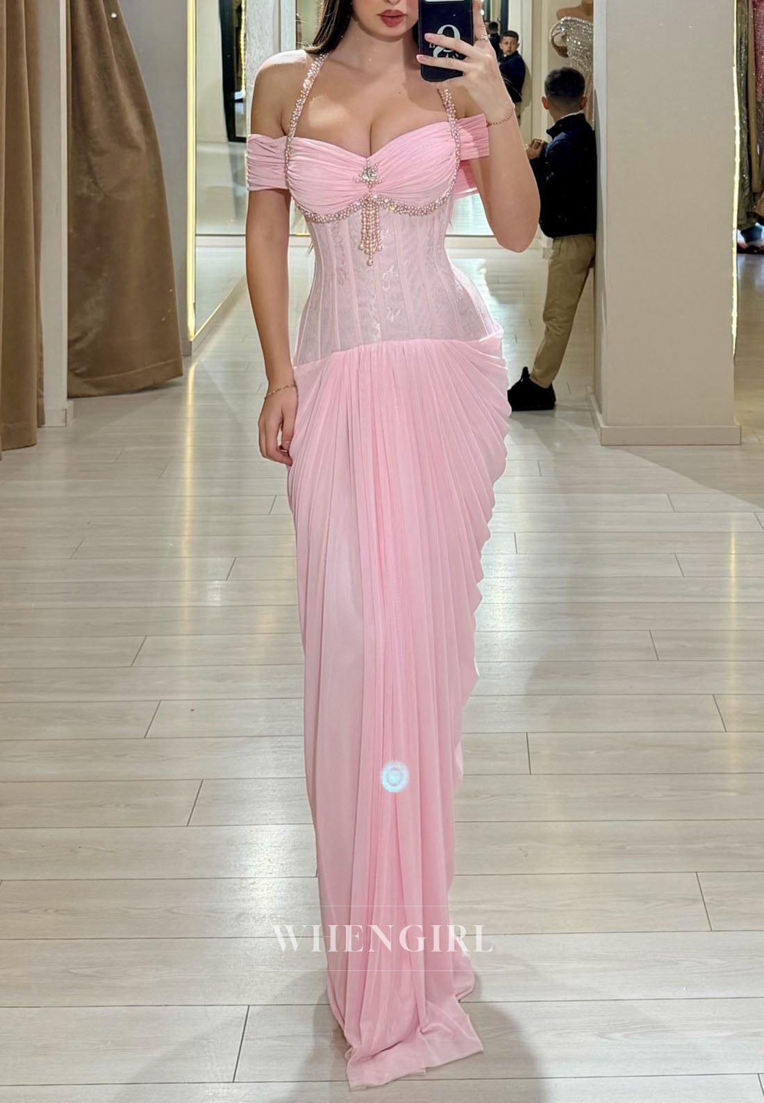 Pink Beaded Ruched Off Shoulder Sheath Formal Dress
