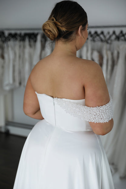 A-Line Court Train Detachable Strap Pearl Wedding Dress