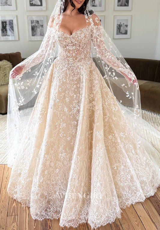 V Neck Long Sleeves Pearsl Beading Lace A-Line Wedding Dress
