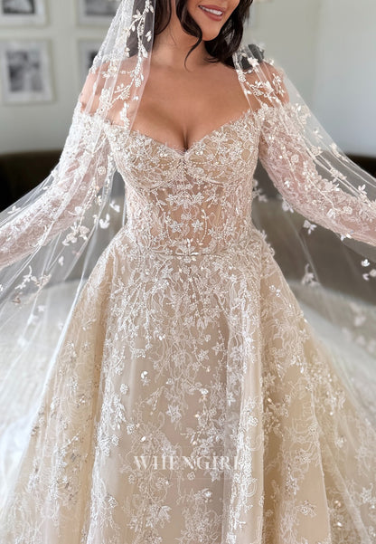 V Neck Long Sleeves Pearsl Beading Lace A-Line Wedding Dress
