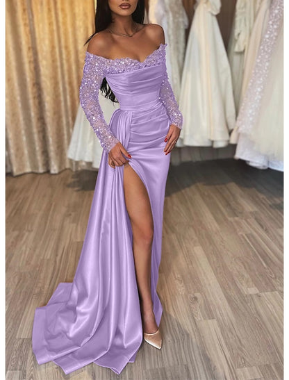 Sheath Off SHoulder Long Sleeves Pleated Long Prom Dress with Slit and Train