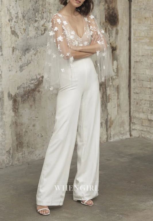 Jumpsuit Appliqued Lace Sleeveless V Neck Wedding Dress