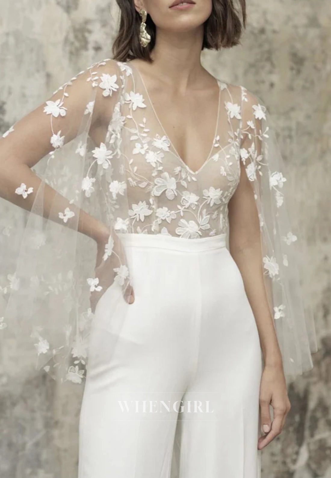 Jumpsuit Appliqued Lace Sleeveless V Neck Wedding Dress
