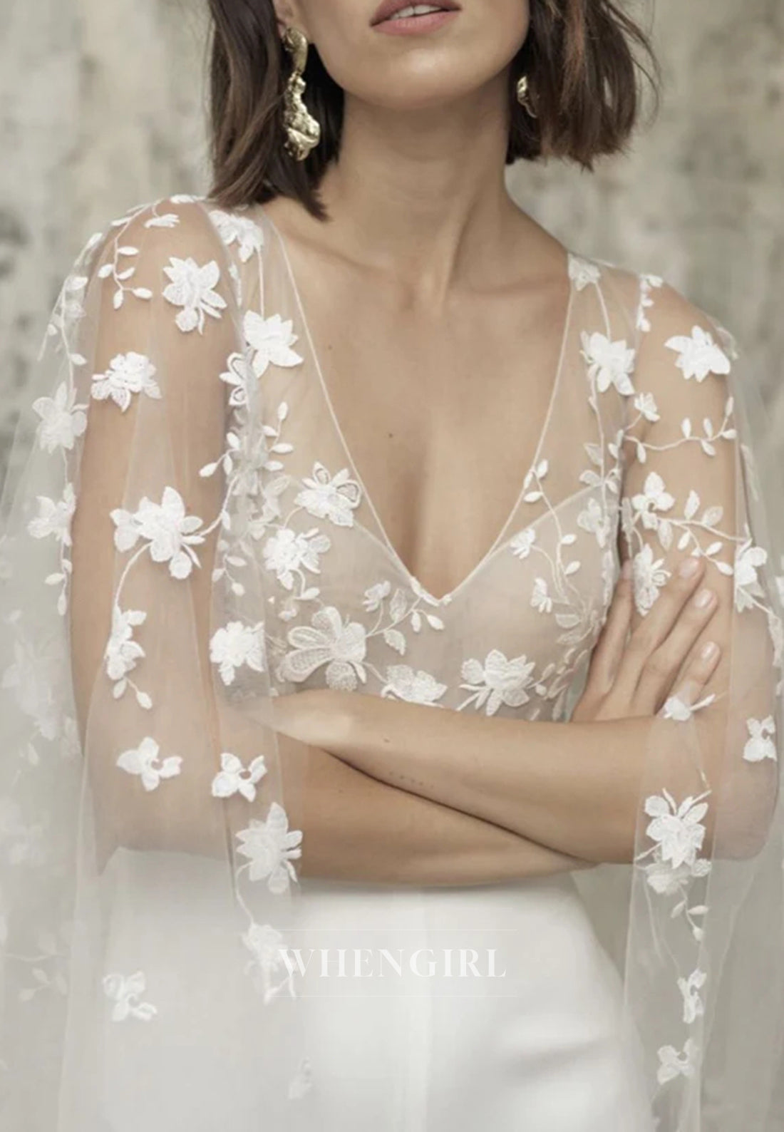 Jumpsuit Appliqued Lace Sleeveless V Neck Wedding Dress