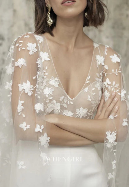 Jumpsuit Appliqued Lace Sleeveless V Neck Wedding Dress