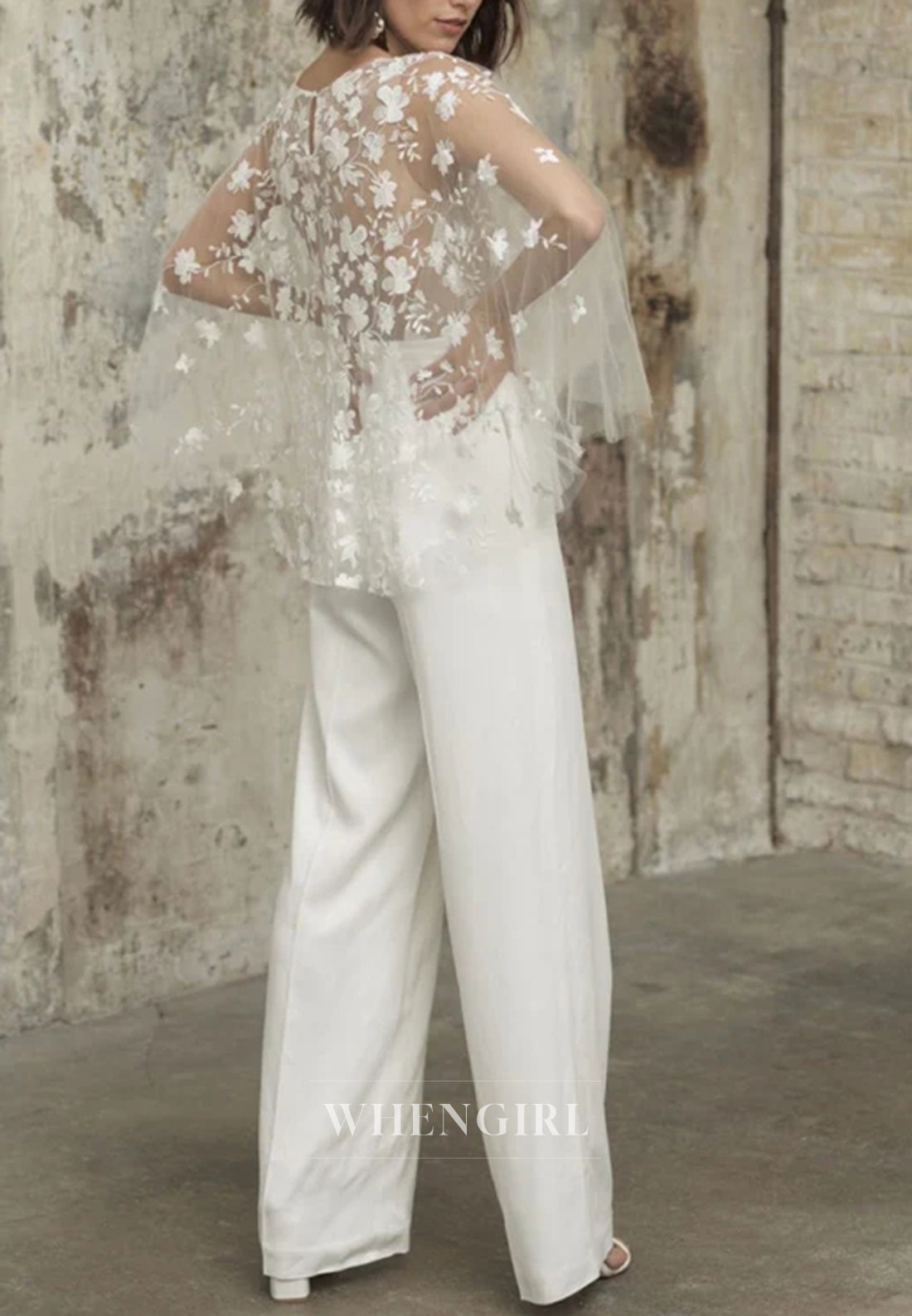 Jumpsuit Appliqued Lace Sleeveless V Neck Wedding Dress
