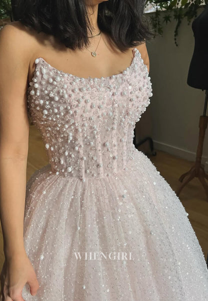Sweep Train Strapless Pearl Sequins Graceful Ball Gown Wedding Dress