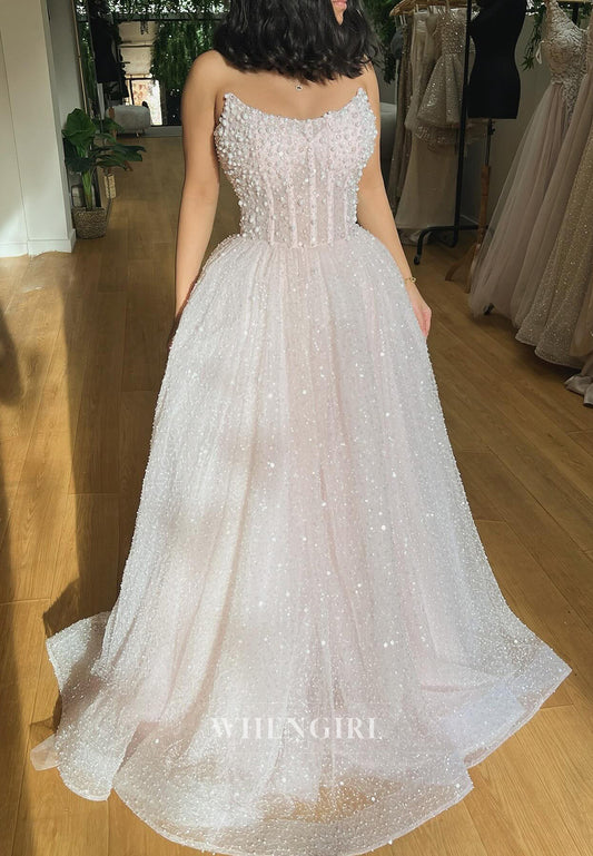 Sweep Train Strapless Pearl Sequins Graceful Ball Gown Wedding Dress