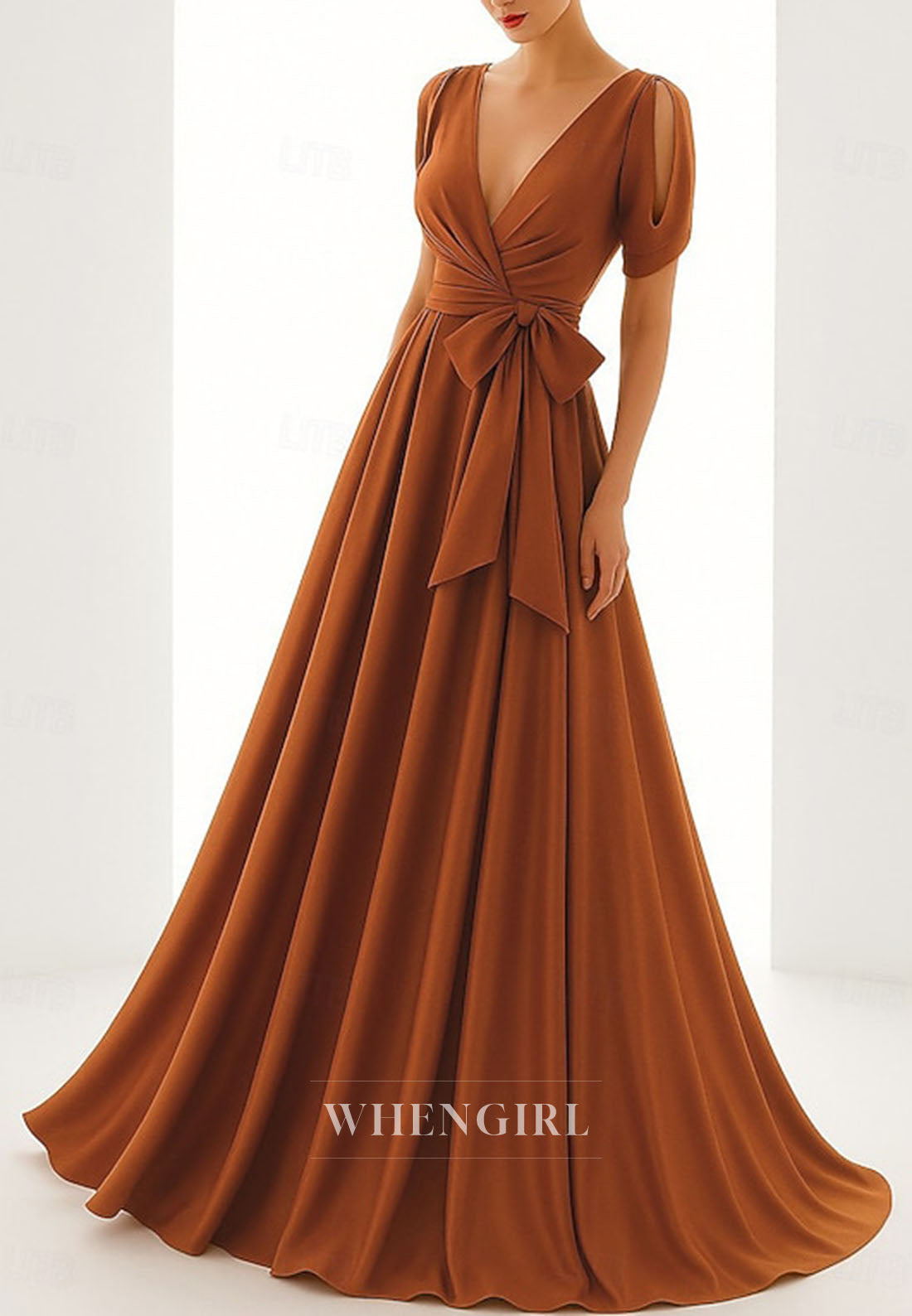 A-Line V Neck Short Sleeves Bowknot Floor Length Mother of the Bride Dress