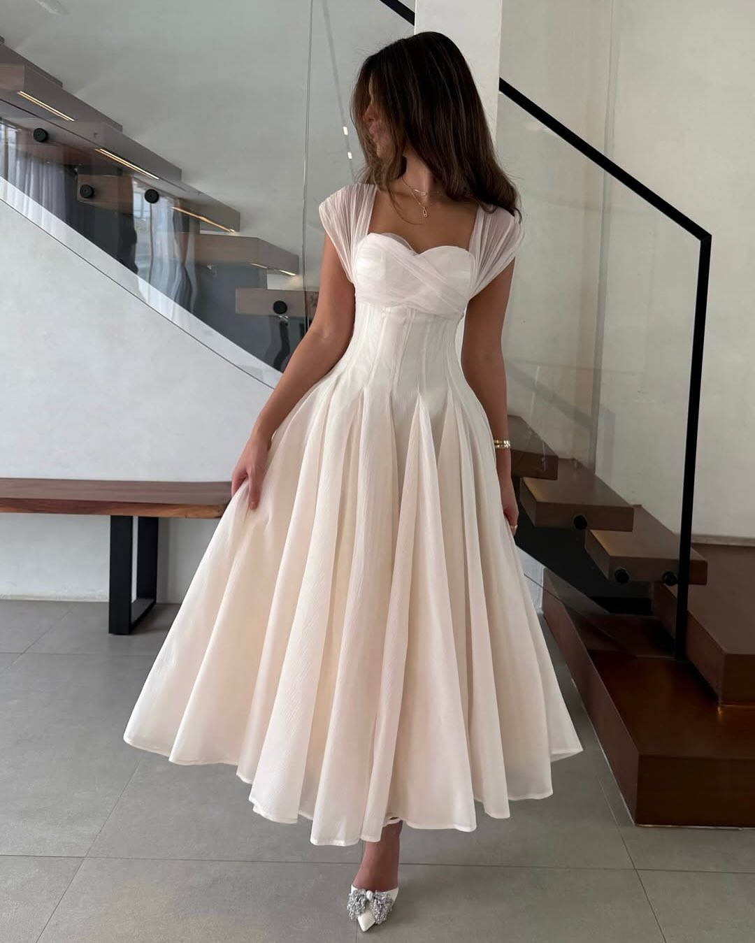 Pale Blush Cap Sleeves Pleated A-Line Sweetheart Long Formal Evening Dress