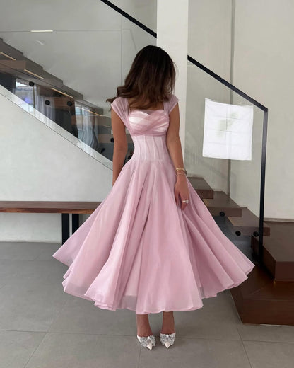 Pale Blush Cap Sleeves Pleated A-Line Sweetheart Long Formal Evening Dress