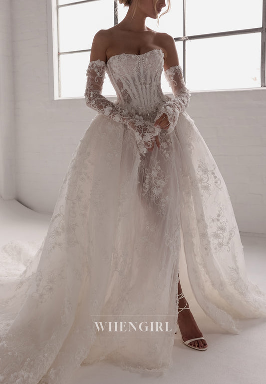 Ball Gown Tube Top Beaded Appliqued Lace Long Sleeves Side Slit Wedding Dress with Court Train