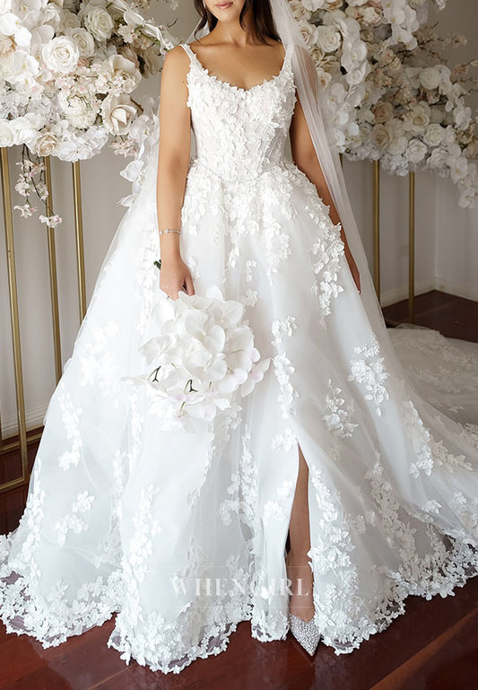 A-Line V Neck Sleeveless Straps Appliqued Lace Side Slit Court Train Wedding Dress