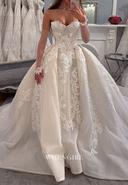 Luxury Sweetheart Appliqued Lace Ball Gown Chapel Train Wedding Dress