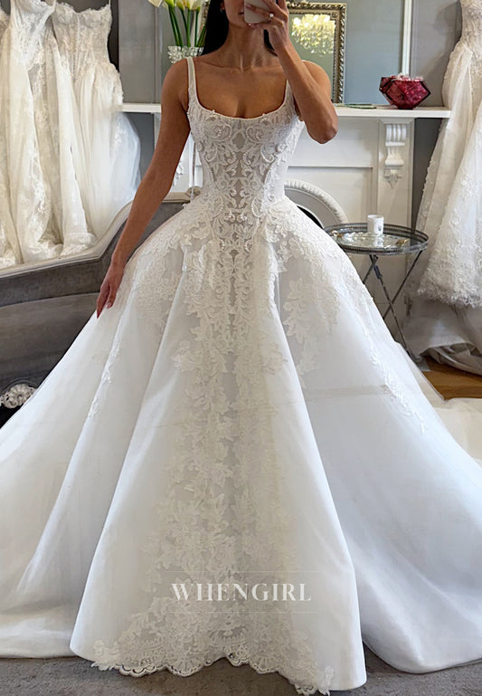 Square Neck Sleeveless Pearls Beading Appliqued Lace Ball Gown Wedding Dress