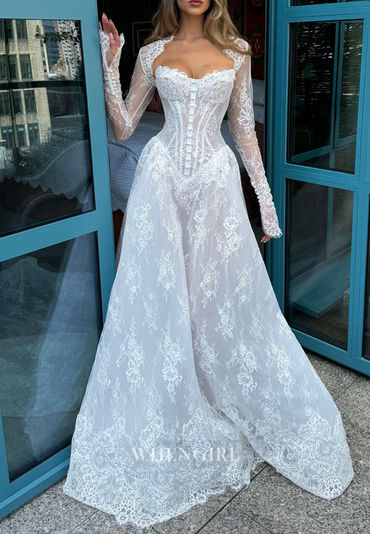 Graceful Lace V Neck Long Sleeves Corset A-Line Wedding Dress with Chapel Train