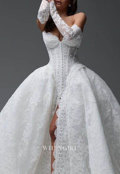 Ball Gown Strapless Lace Slit Wedding Dress with Detachable Sleeves