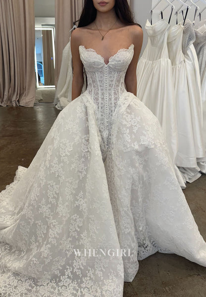 Ball Gown Strapless Lace Slit Wedding Dress with Detachable Sleeves