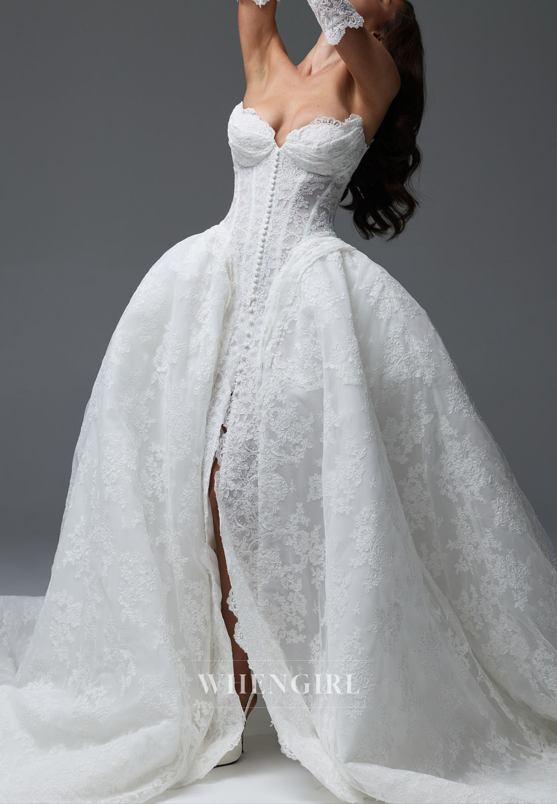 Ball Gown Strapless Lace Slit Wedding Dress with Detachable Sleeves