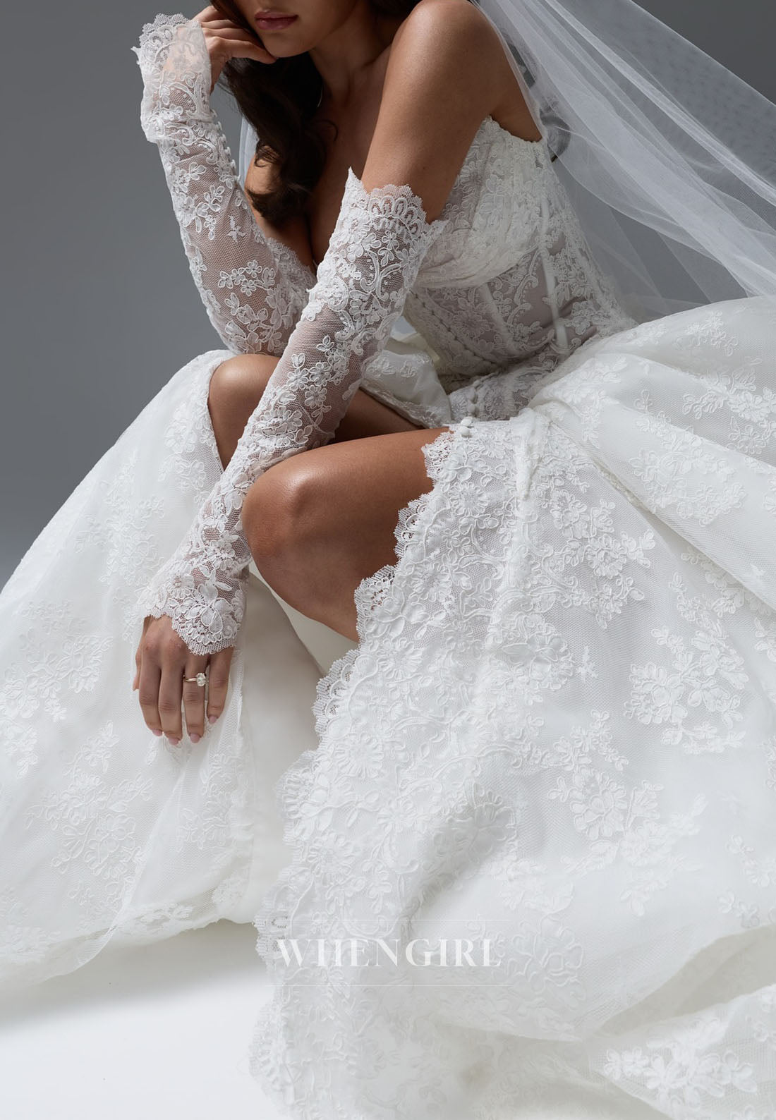 Ball Gown Strapless Lace Slit Wedding Dress with Detachable Sleeves