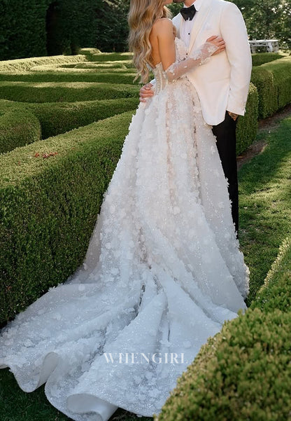 A-Line Scoop Neck Long Sleeves Appliqued Lace Floral Court Train Wedding Dress