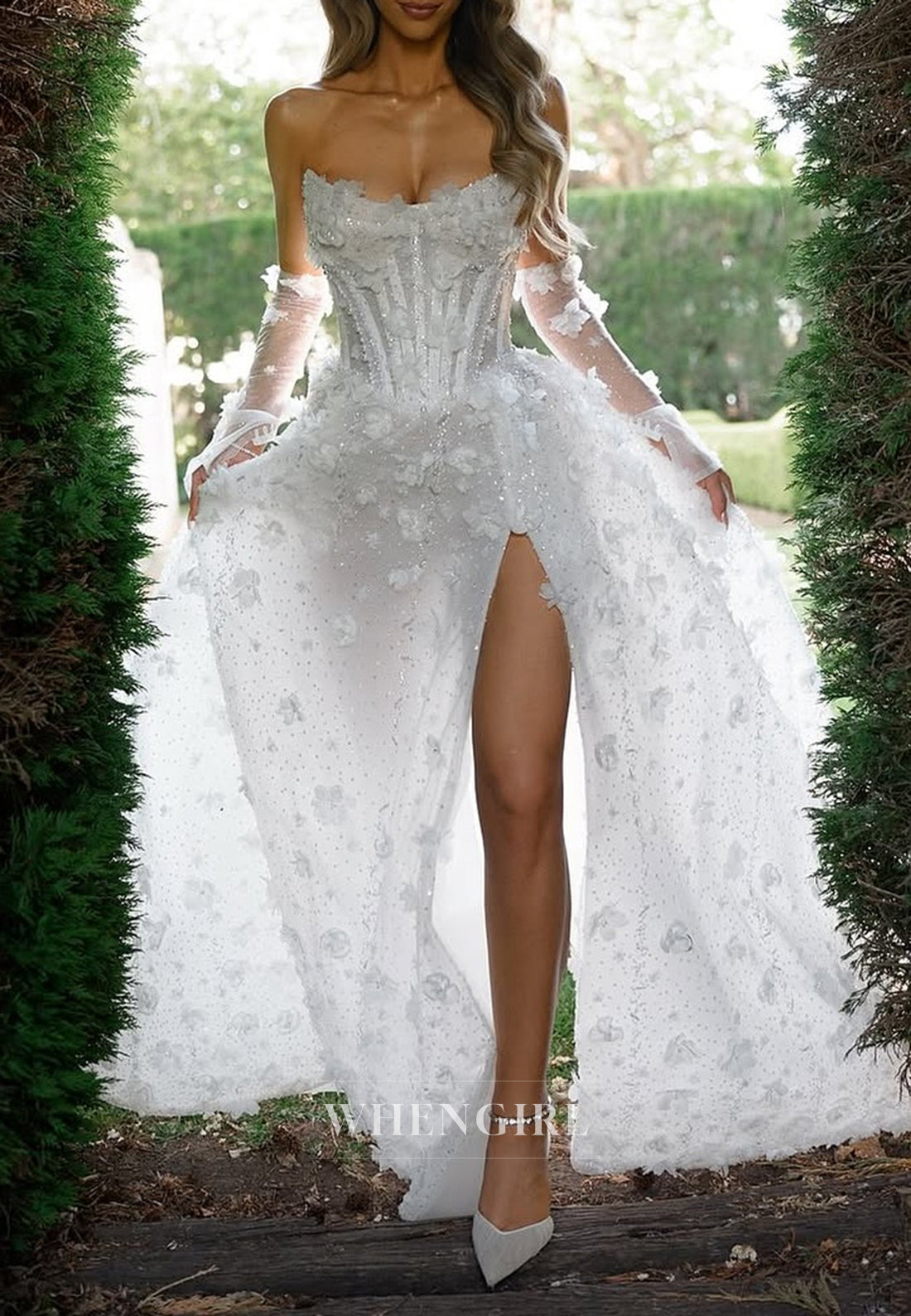 A-Line Scoop Neck Long Sleeves Appliqued Lace Floral Court Train Wedding Dress
