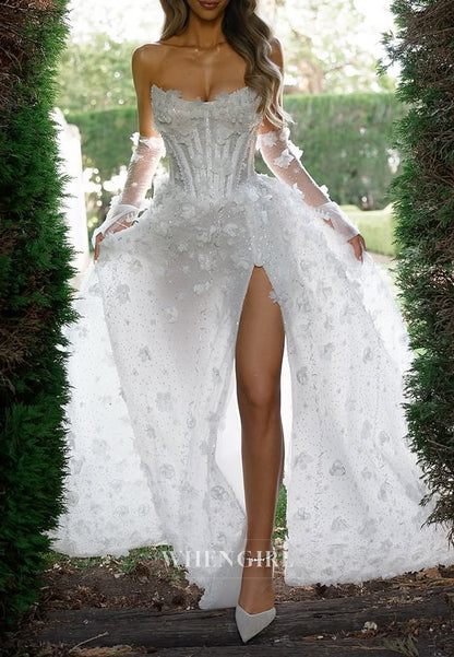 A-Line Scoop Neck Long Sleeves Appliqued Lace Floral Court Train Wedding Dress