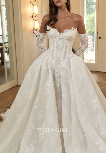 Ball Gown Strapless Long Sleeves Lace Wedding Dress