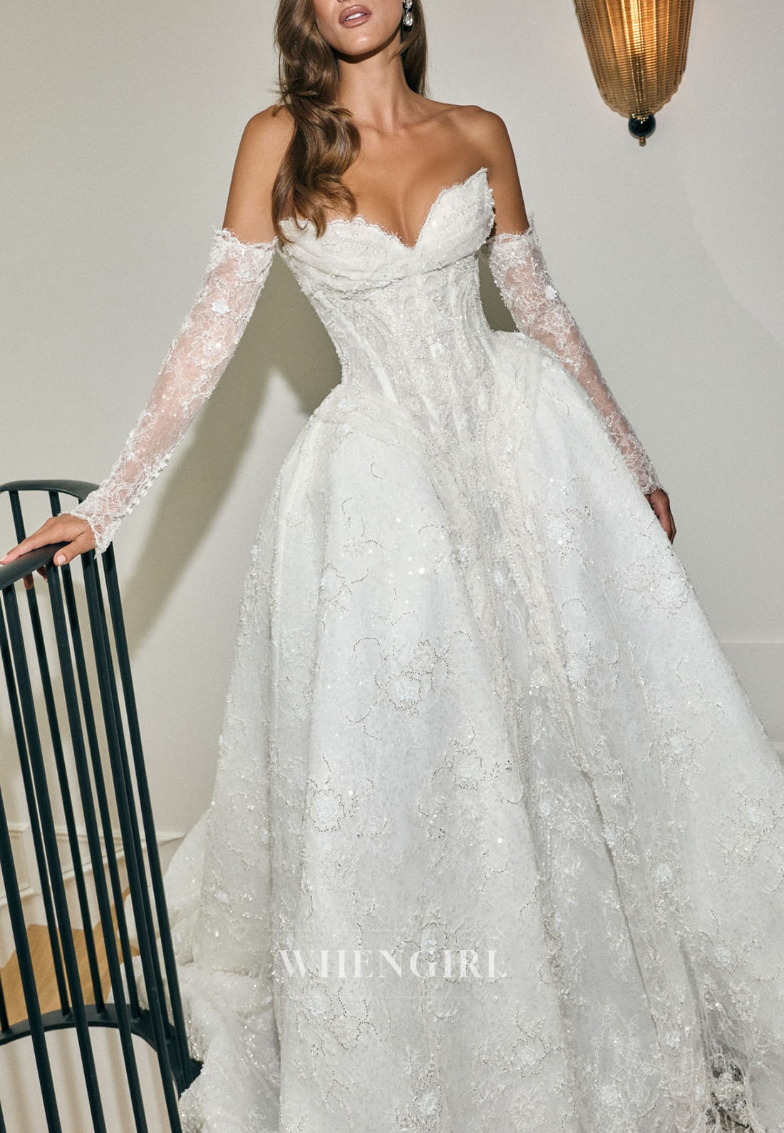Ball Gown Lace Sweetheart Lace Wedding Dress with Detachable Sleeves
