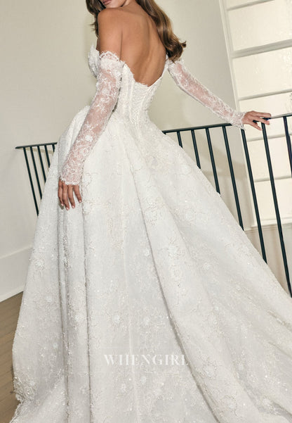 Ball Gown Lace Sweetheart Lace Wedding Dress with Detachable Sleeves