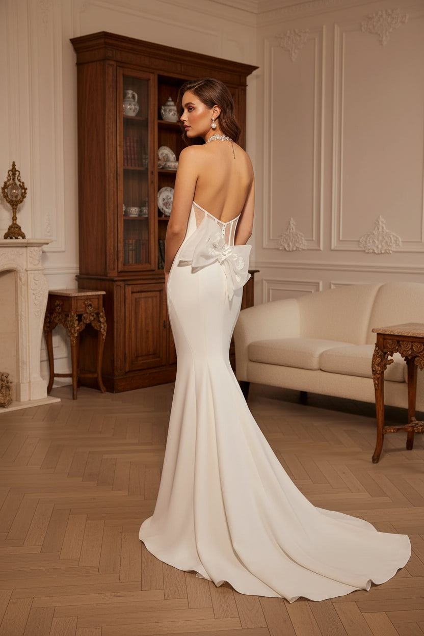 Off White Halter Slit Mermaid Simple Classic Wedding Dress