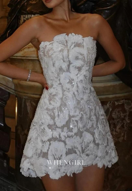 Tube Top A-Line Back Zipper Sleeveless Beaded Lace Short Wedding Dress