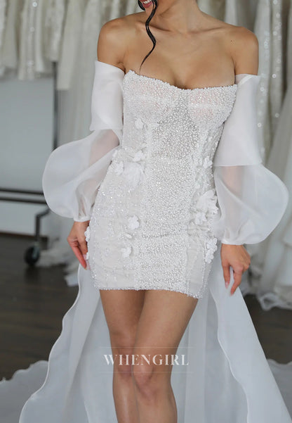 Strapless Pearls Beading Floral Back Zipper Sheath Short Wedding Dress with Removable Sleeves and Train