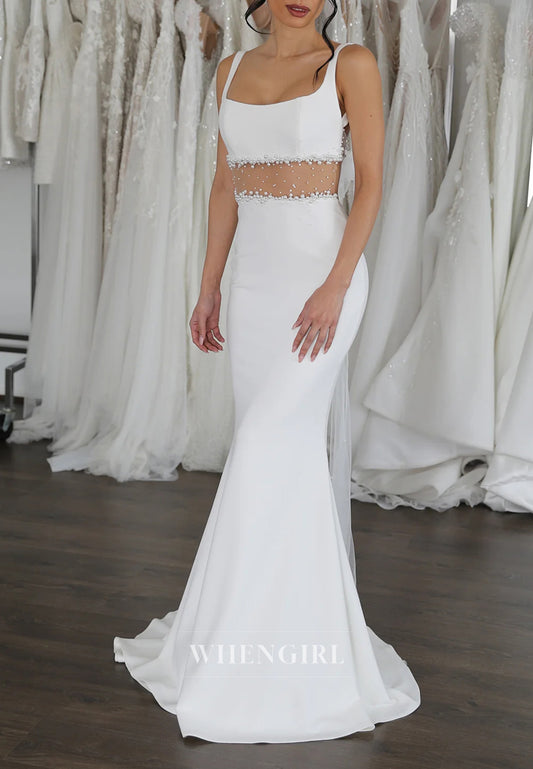 Square Neck Sleeveless Pearls Beading Tie Back Mermaid Wedding Dress