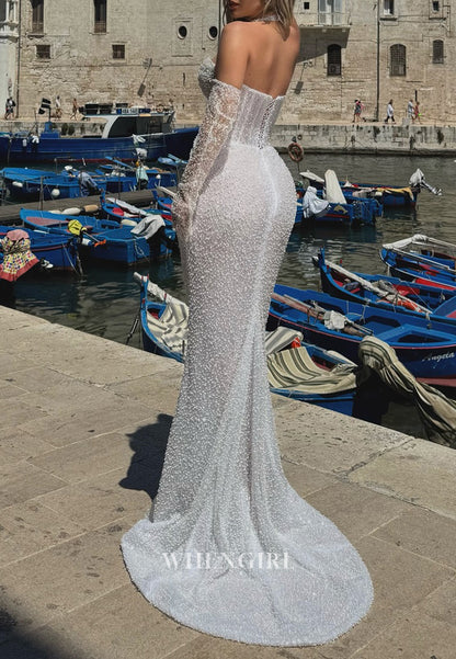 Ivory Halter Pleated Beaded Lace Up Mermaid Prom Dress with Gloves