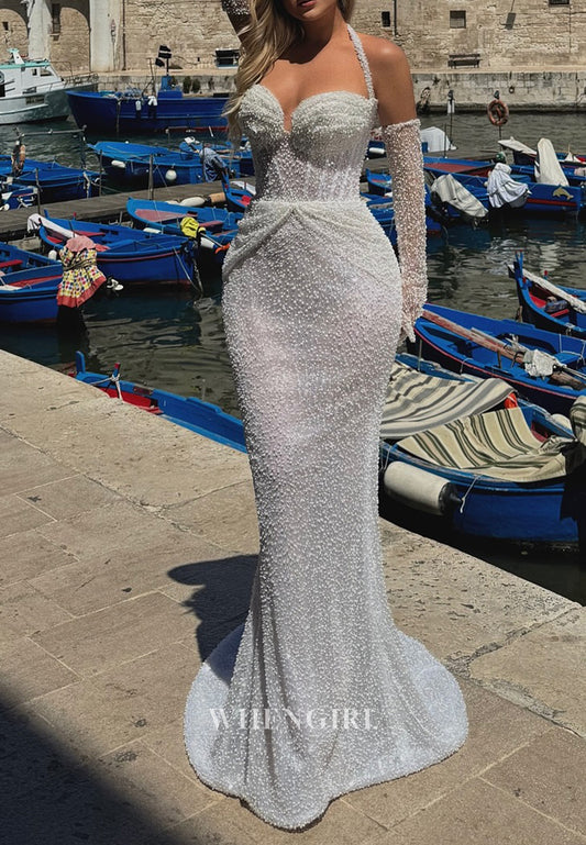 Ivory Halter Pleated Beaded Lace Up Mermaid Prom Dress with Gloves