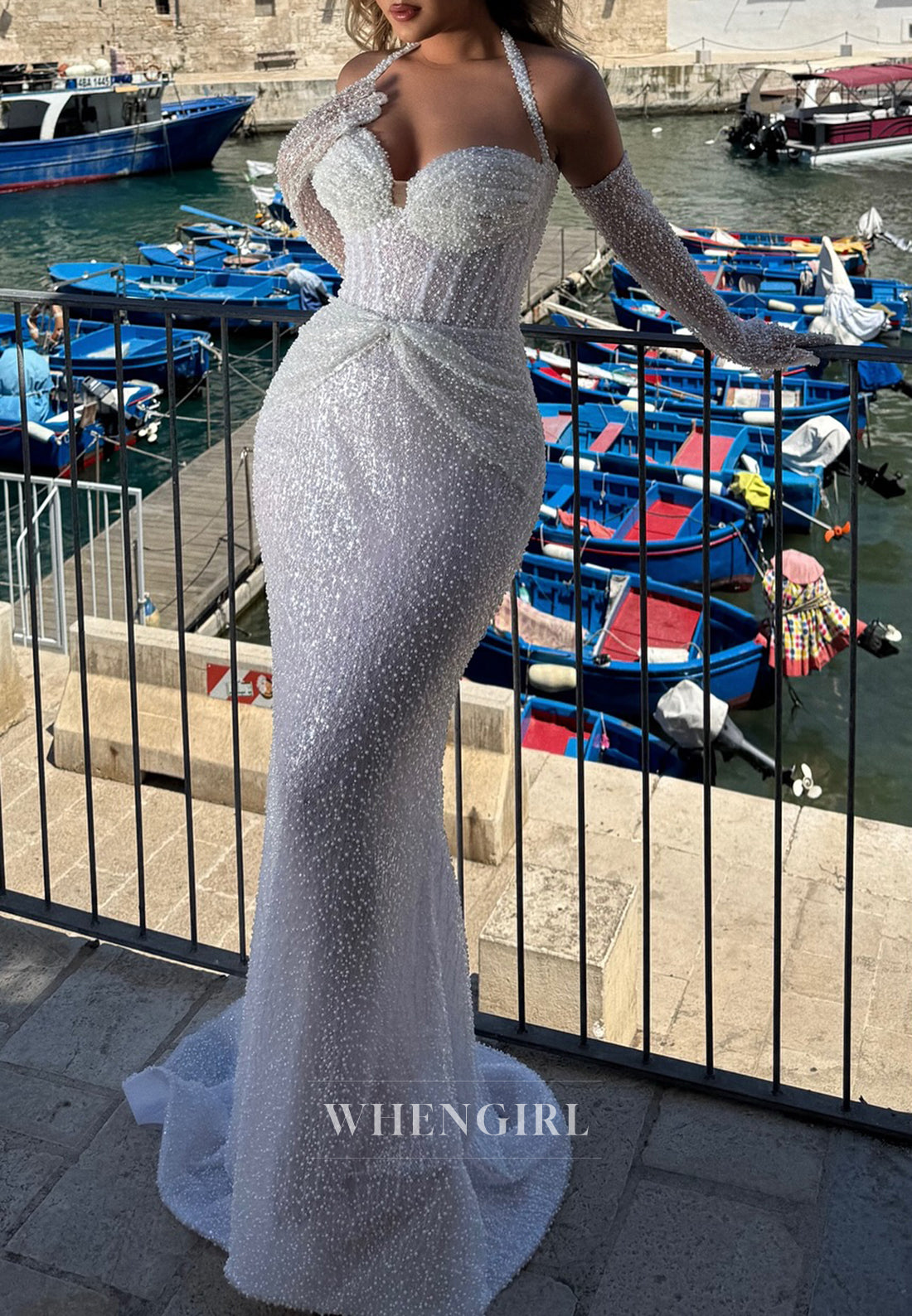 Ivory Halter Pleated Beaded Lace Up Mermaid Prom Dress with Gloves