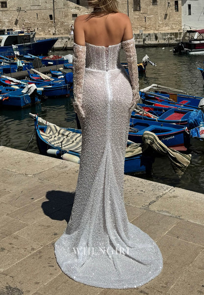 Ivory Halter Pleated Beaded Lace Up Mermaid Prom Dress with Gloves