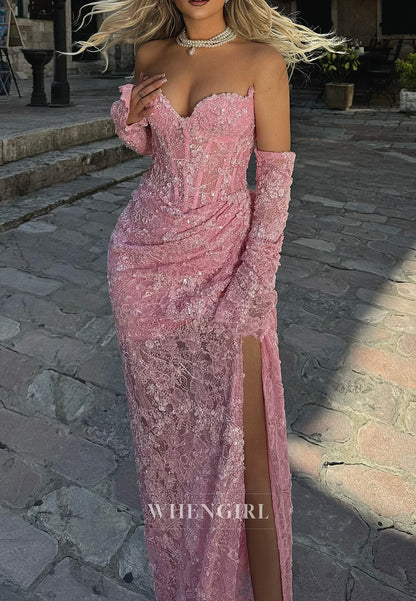Pink Sweetheart Long Sleeves Side Slit Beaded Lace Sheath Prom Dress