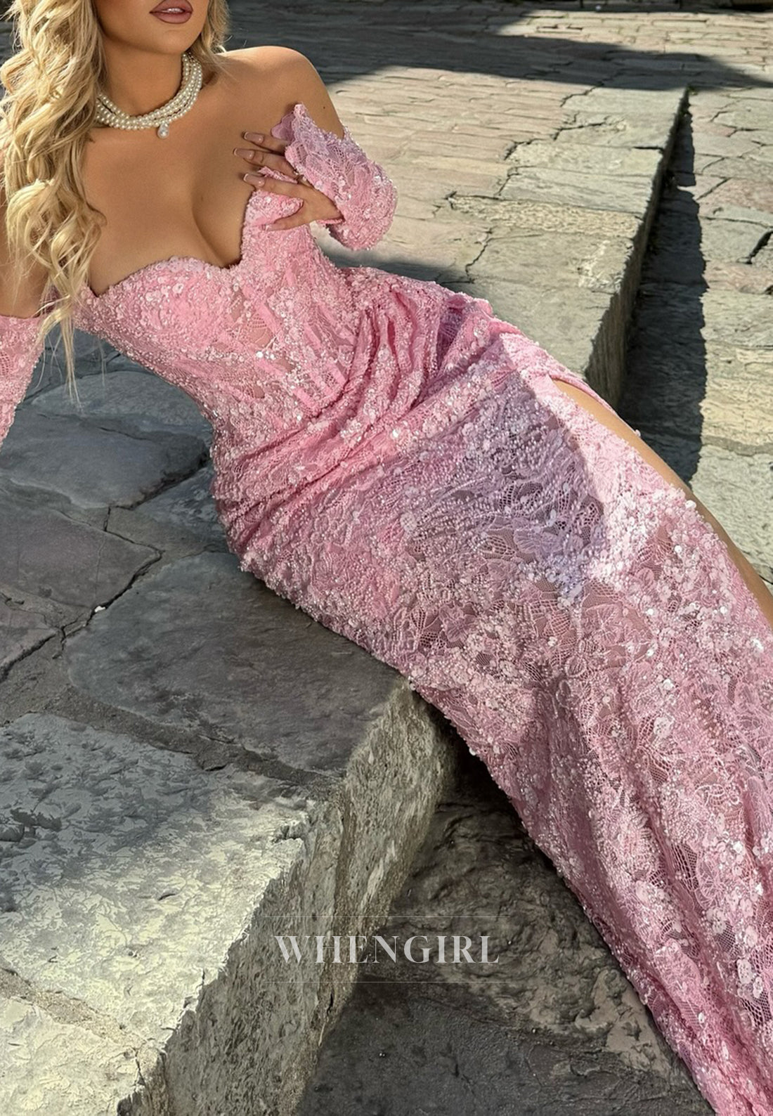 Pink Sweetheart Long Sleeves Side Slit Beaded Lace Sheath Prom Dress