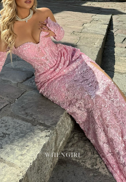 Pink Sweetheart Long Sleeves Side Slit Beaded Lace Sheath Prom Dress