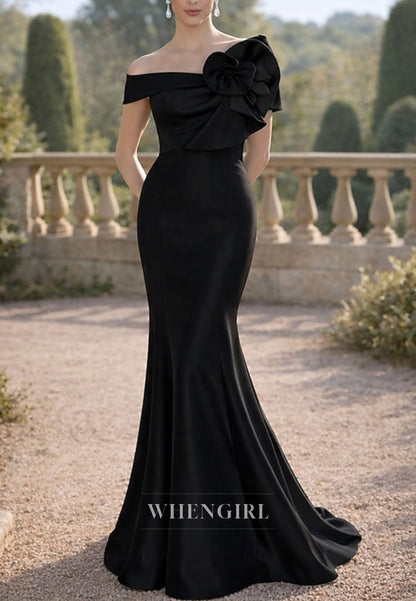 Mermaid Off Shoulder Flower Satin Formal Dress Mother of the Bride Dress