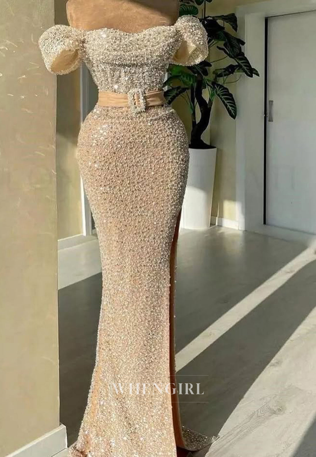 Charming Off-Shoulder Sheath Side Slit Sequin Prom Formal Party Dress with Belt