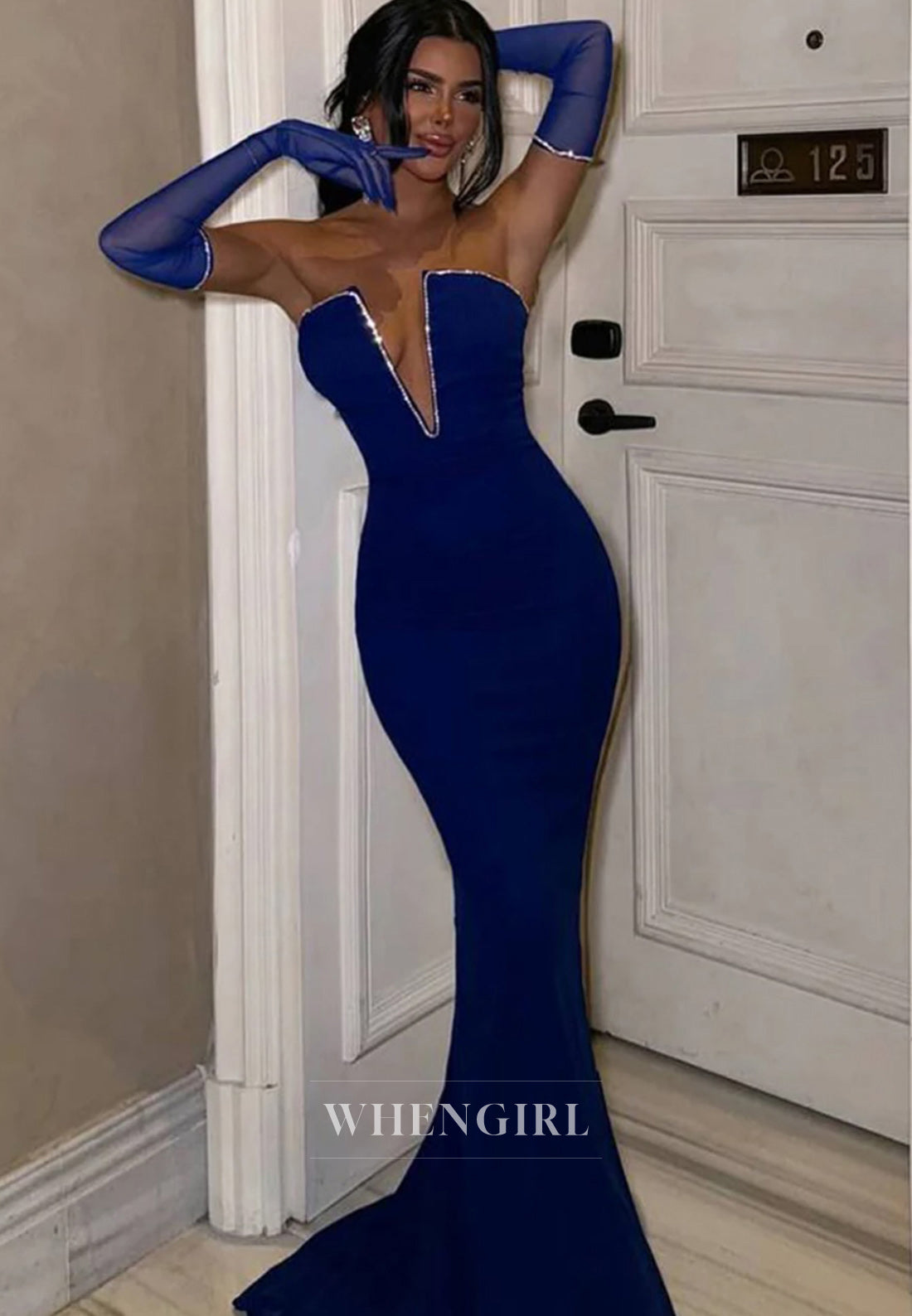 Sexy Deep V-Neck Mermaid Satin Beaded Long Evening Gowns with Gloves Prom Dress