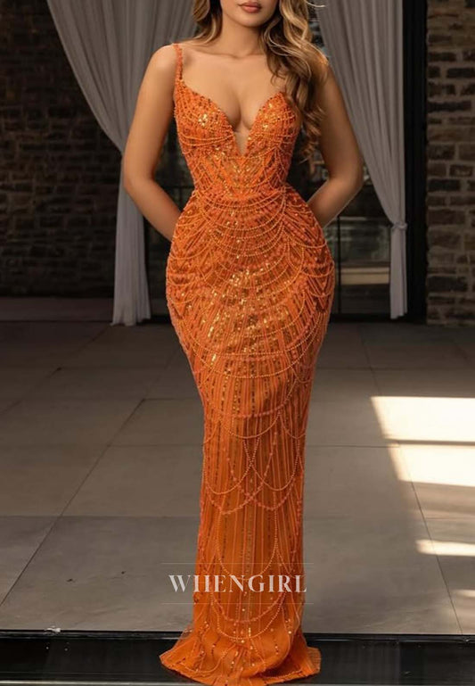 Sheath Orange V Neck Sleeveless Formal Gown Spaghetti Straps Beaded Evening Dress