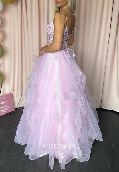 Pink Sweetheart Spaghetti Straps Ruffles Beaded A-Line Prom Dress